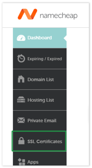 Namecheap SSL证书菜单